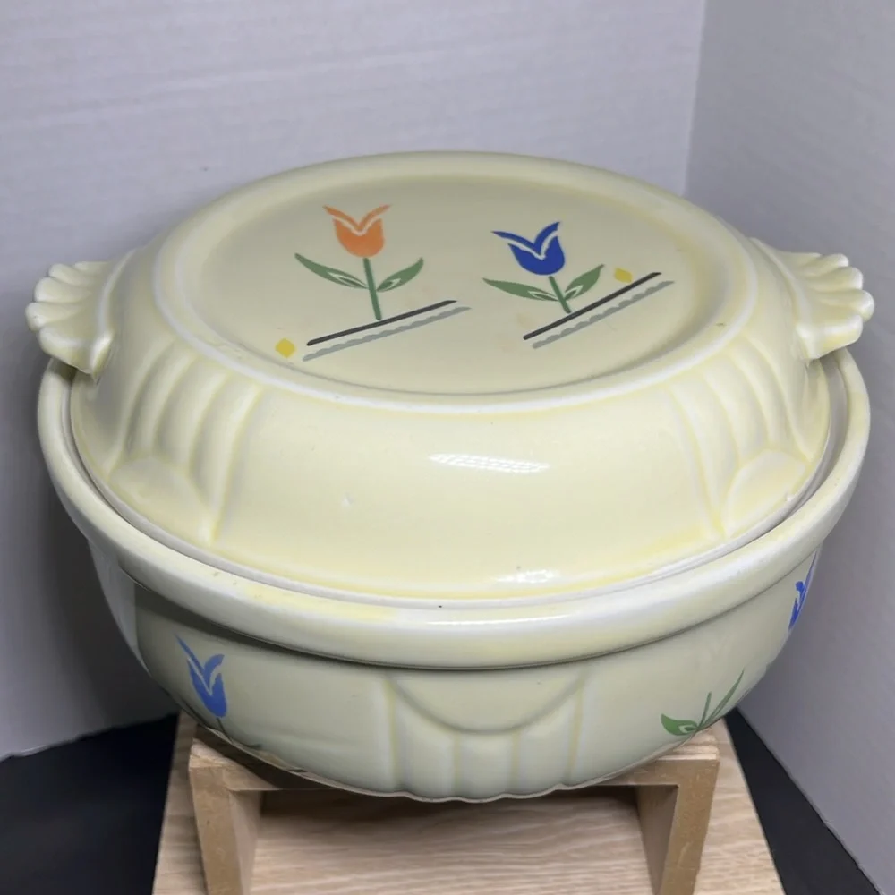 Rare 1930s Hall China Orange & Blue Tulip Covered Casserole Piggly Wiggly Promo